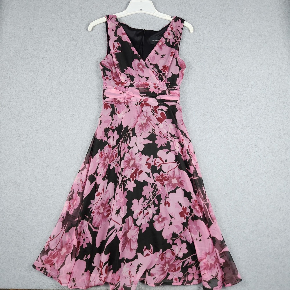 Connected A-Line Dress Womens 6P Pink Floral Chiffon Cocktail Party Wrap V-Neck